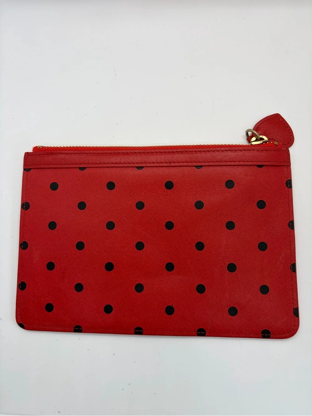 J.Crew Red Leather Polka Dot Pouch Clutch with heart ❤️ Zipper Bag